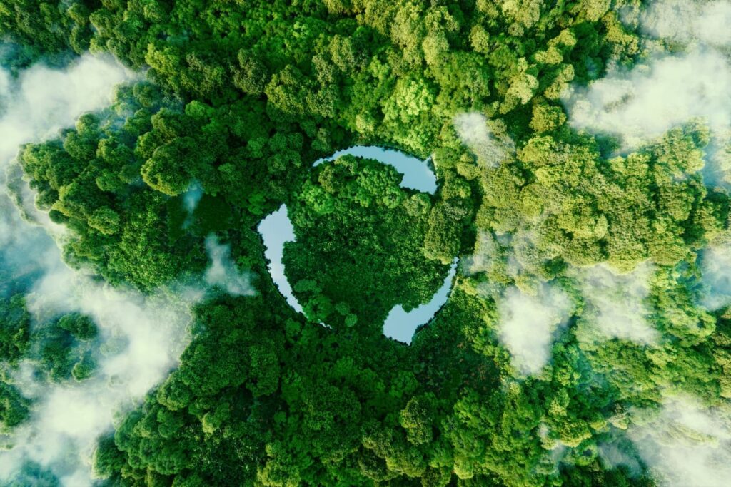 Das Bild zeigt eine dichte, grüne Waldlandschaft aus der Vogelperspektive, durchzogen von kleinen Wasserflächen, die in der Form des bekannten Recycling-Symbols angeordnet sind. Nebelschwaden ziehen über das Blätterdach und unterstreichen die natürliche Atmosphäre. Die Darstellung symbolisiert Nachhaltigkeit, Kreislaufwirtschaft und den achtsamen Umgang mit natürlichen Ressourcen.