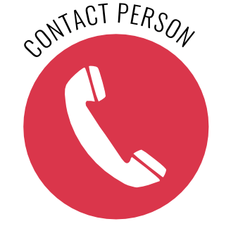 Red round icon with a white graphic of a classic telephone receiver. Above it is the arched lettering ‘CONTACT PERSON’ in capital letters. Link to contact options and personal contacts.