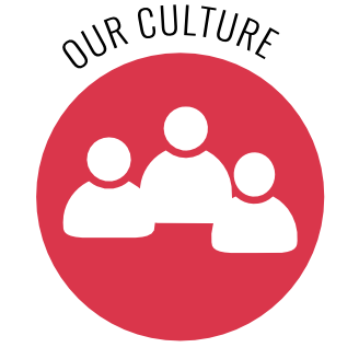 Red round icon with white graphic of three abstract people. Above this is the arched lettering ‘OUR CULTURE’ in capital letters. Link to information about the working environment and team culture at RVM.