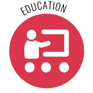 Red round icon with a white graphic of a person in front of a learning symbol (blackboard or screen with circles). Above this is the lettering ‘EDUCATION’ in capital letters.