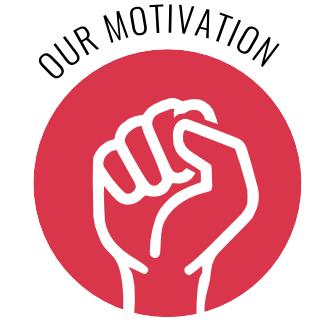 Red round icon with a white fist symbolising determination and team spirit. Above it is the arched lettering ‘OUR MOTIVATION’ in capital letters. Link to information about values and commitment at RVM.