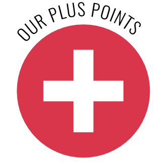 Red round icon with a white plus sign in the centre. Above it is the arched lettering ‘OUR PLUS POINTS’ in capital letters. Link to benefits and additional services at RVM.