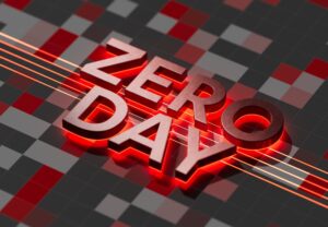 Leuchtend roter 3D-Schriftzug „ZERO DAY“ auf digitalem Kachelhintergrund, Symbol für eine IT-Sicherheitslücke.
