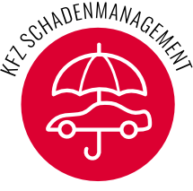 Rotes rundes Icon mit einer weißen Grafik in der Mitte: Ein stilisiertes Auto unter einem geöffneten Regenschirm auf rotem Kreis symbolisiert Fahrzeugschutz und Kfz‑Versicherung. Verlinkt zur Themenseite Autoversicherung.