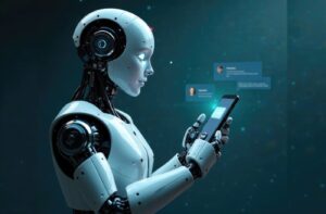 Ein humanoider Roboter hält ein Smartphone und betrachtet Chat-Nachrichten auf dem Display