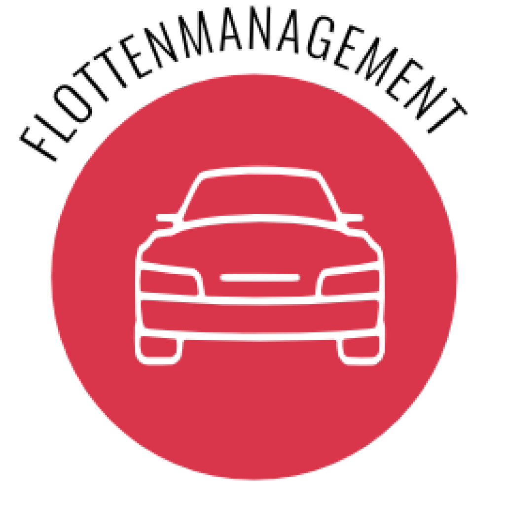 Rundes Icon mit einem Auto. Mit dem Schriftzug „FLOTTENMANAGEMENT“.
